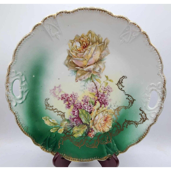Vintage Three Crown China Germany Porcelain Cake Plate w/ Handles 10.25"D - Picture 1 of 9
